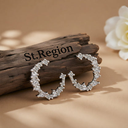 Cubic Zirconia and Silver-Plated Crescent Stud Earrings, silver stud earrings for women, botanical inspired, front view