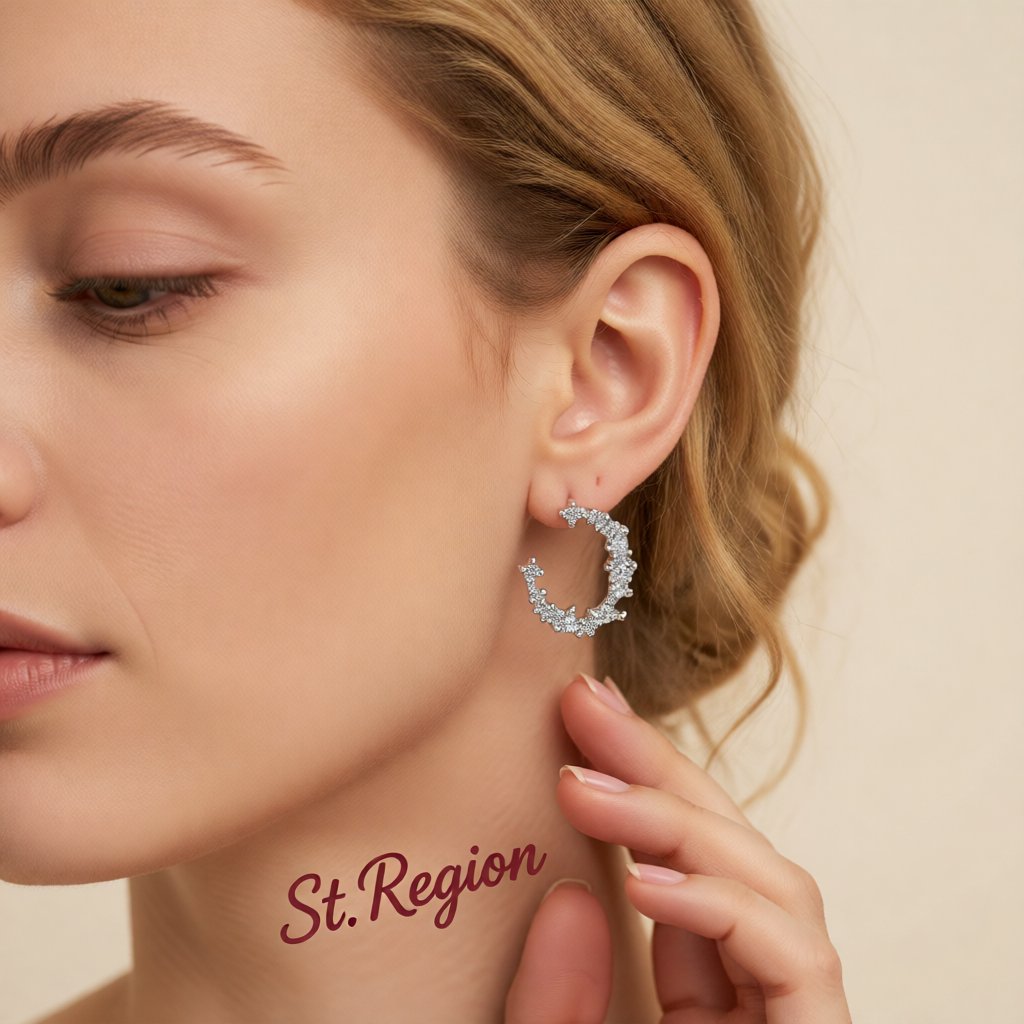 Cubic Zirconia and Silver-Plated Crescent Stud Earrings, silver stud earrings for women, botanical inspired, styled look