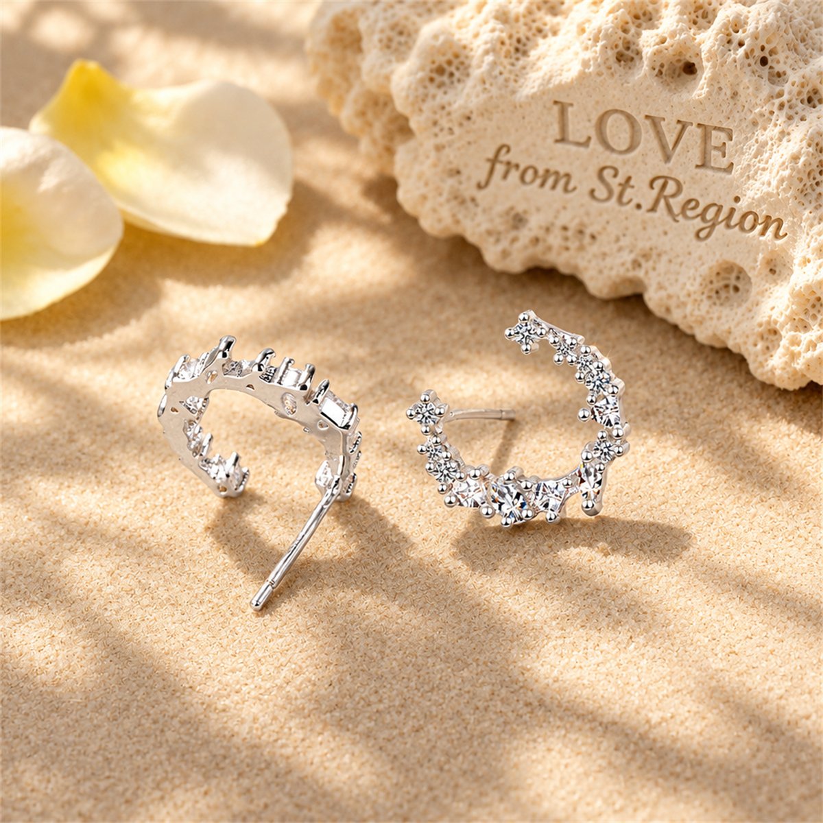 Cubic Zirconia and Silver-Plated Crescent Stud Earrings, silver stud earrings for women, botanical inspired, lifestyle look