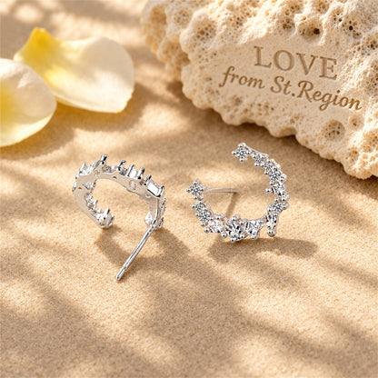 Cubic Zirconia and Silver-Plated Crescent Stud Earrings, silver stud earrings for women, botanical inspired, lifestyle look
