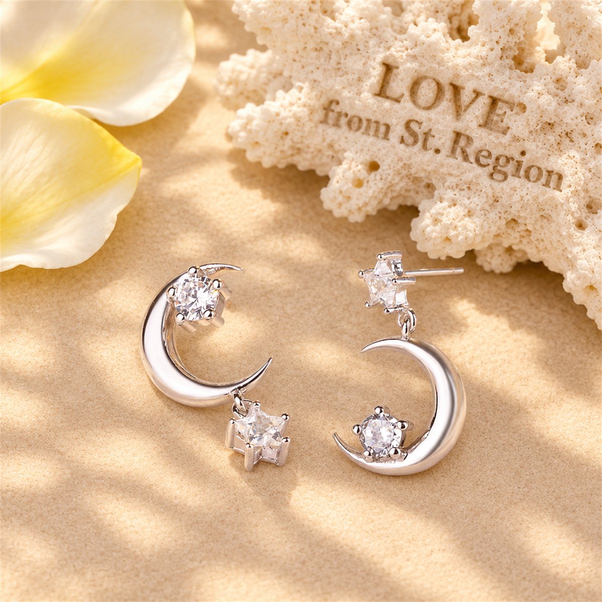 Cubic Zirconia and Silver-Plated Inverted Moon and Star Drop Earrings, silver drop earrings for women, lifestyle look