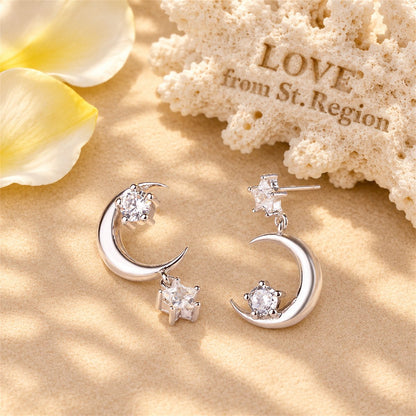 Cubic Zirconia and Silver-Plated Inverted Moon and Star Drop Earrings, silver drop earrings for women, lifestyle look