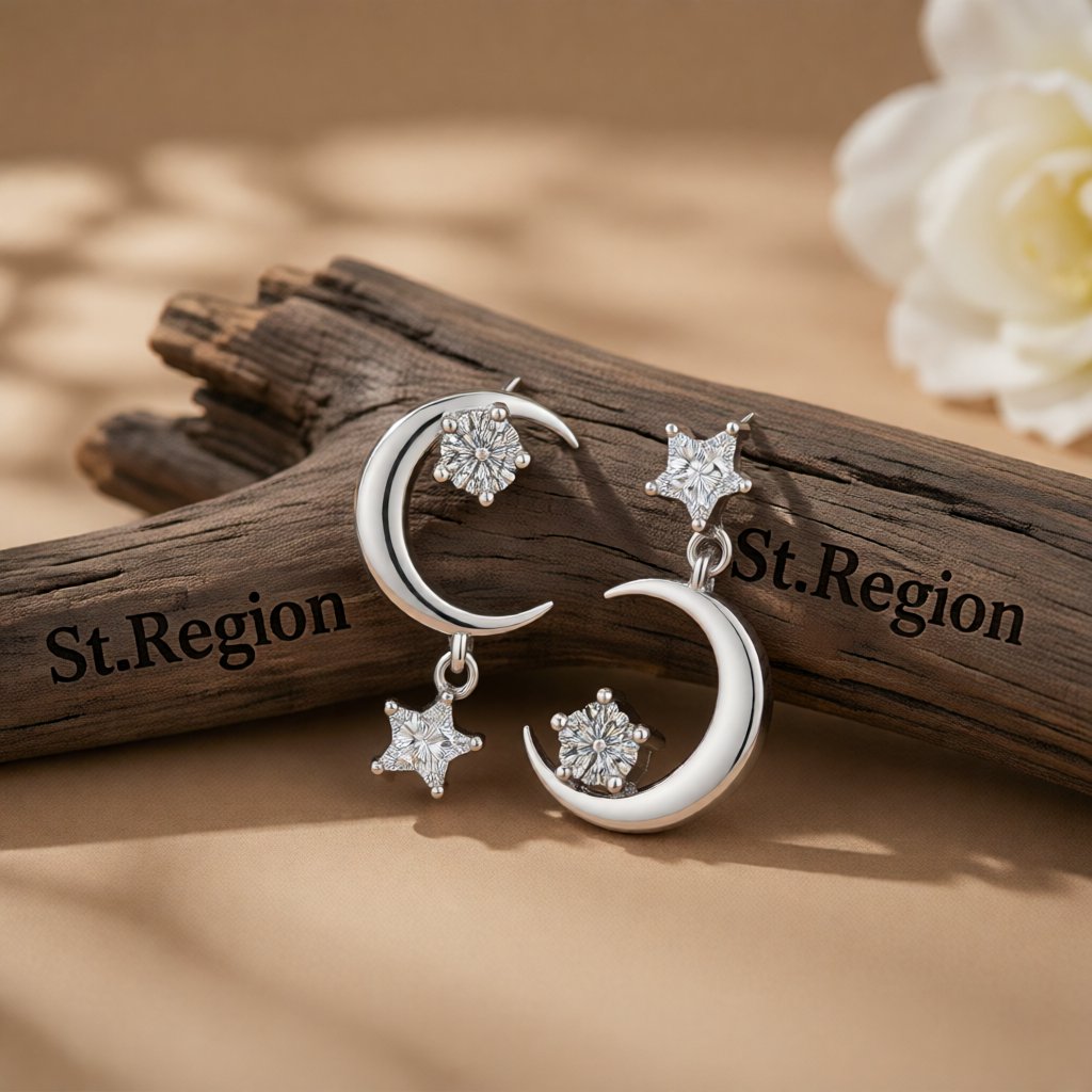 Cubic Zirconia and Silver-Plated Inverted Moon and Star Drop Earrings, silver drop earrings for women, front view