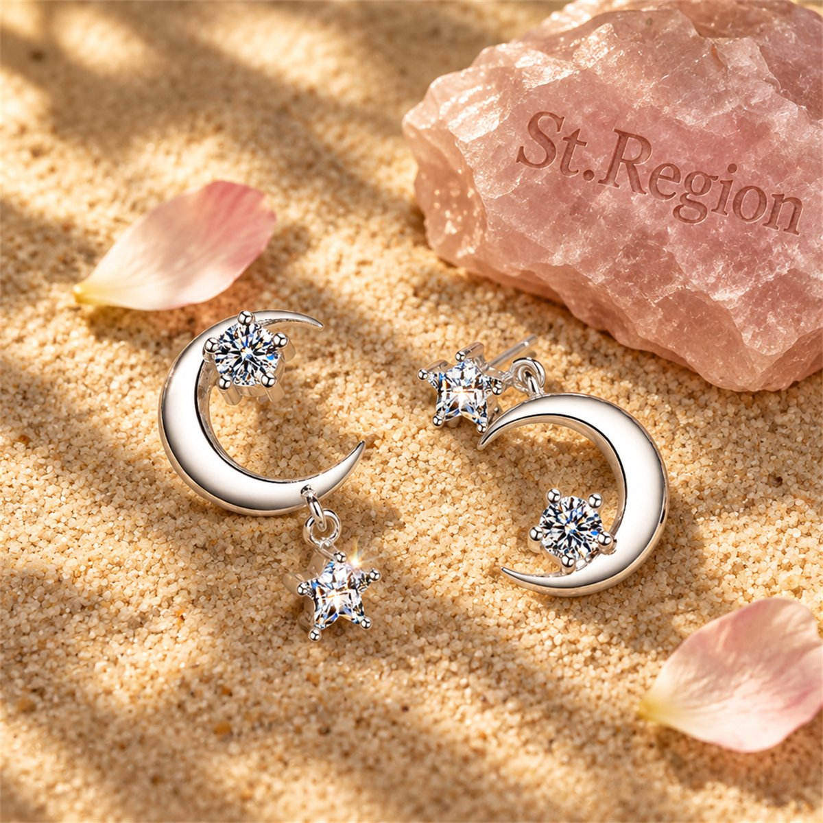 Cubic Zirconia and Silver-Plated Inverted Moon and Star Drop Earrings, silver drop earrings for women, detail close-up