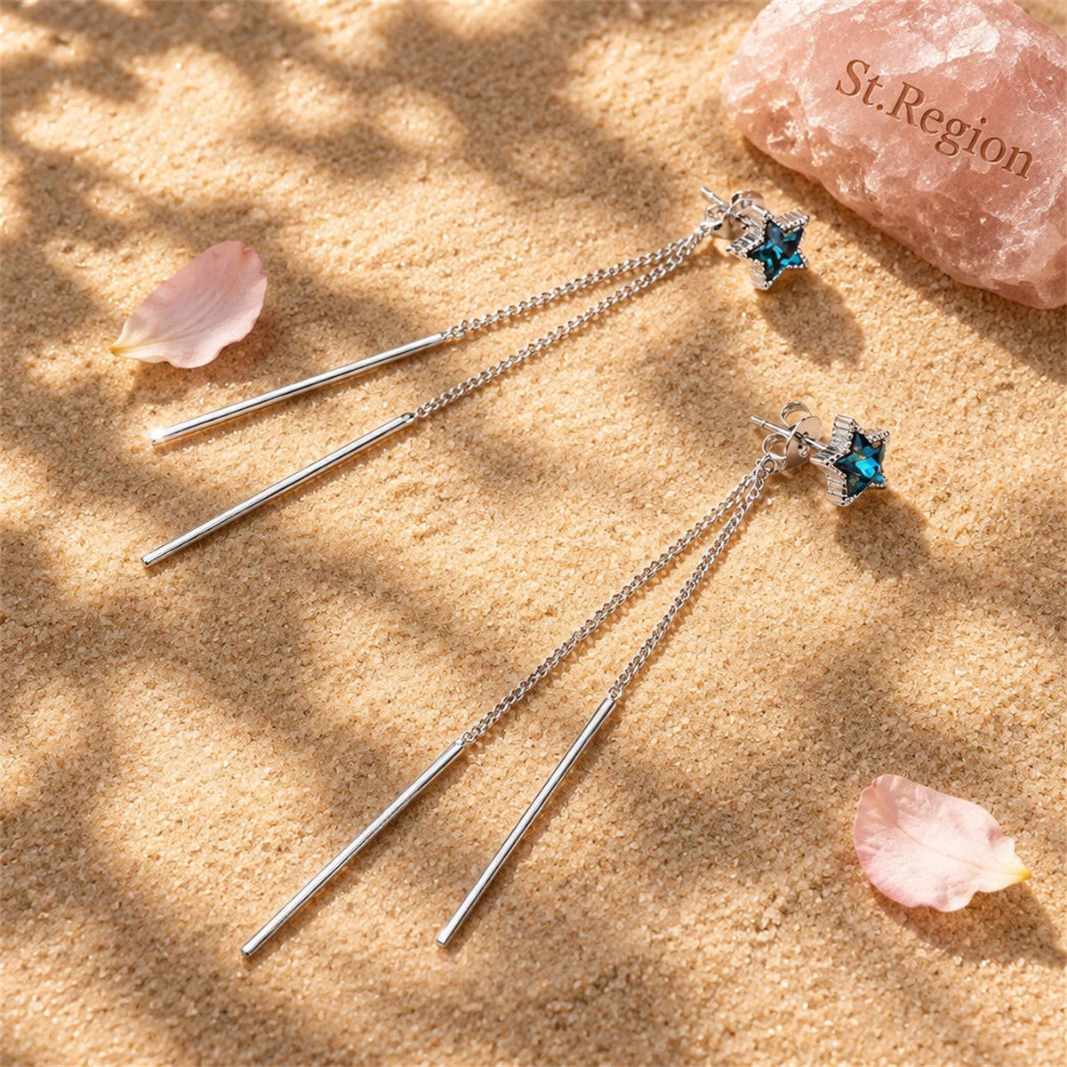 Blue Crystal and Silver-Plated Star and Tassel Drop Earrings, everyday style, detail close-up