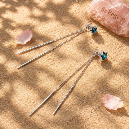 Blue Crystal and Silver-Plated Star and Tassel Drop Earrings, everyday style, detail close-up