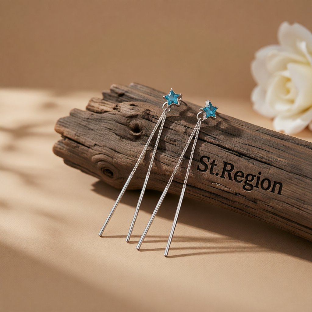 Blue Crystal and Silver-Plated Star and Tassel Drop Earrings, everyday style, front view