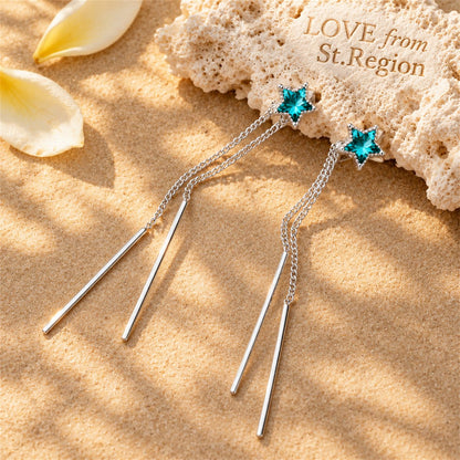 Blue Crystal and Silver-Plated Star and Tassel Drop Earrings, everyday style, lifestyle look