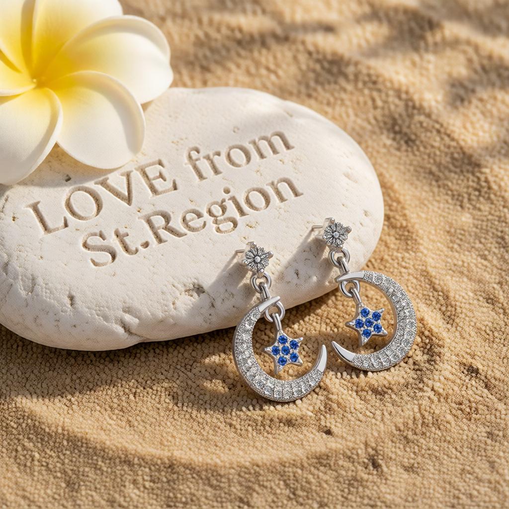 Cubic Zirconia and Silver-Plated Blue Star and Crescent Drop Earrings, silver drop earrings for women, lifestyle look