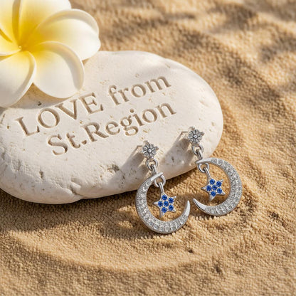 Cubic Zirconia and Silver-Plated Blue Star and Crescent Drop Earrings, silver drop earrings for women, lifestyle look