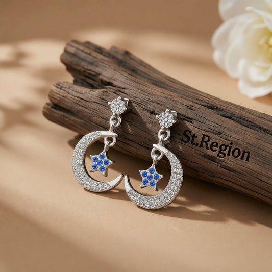 Cubic Zirconia & Silver-Plated Blue Star & Crescent Drop Earrings