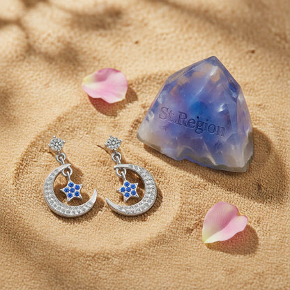 Cubic Zirconia & Silver-Plated Blue Star & Crescent Drop Earrings