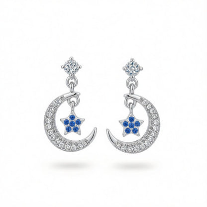 Cubic Zirconia & Silver-Plated Blue Star & Crescent Drop Earrings