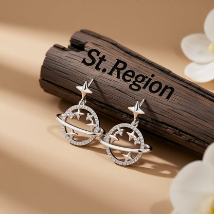 Cubic Zirconia and Silver-Plated Planet Drop Earrings, silver drop earrings for women, dainty minimalist design, front view