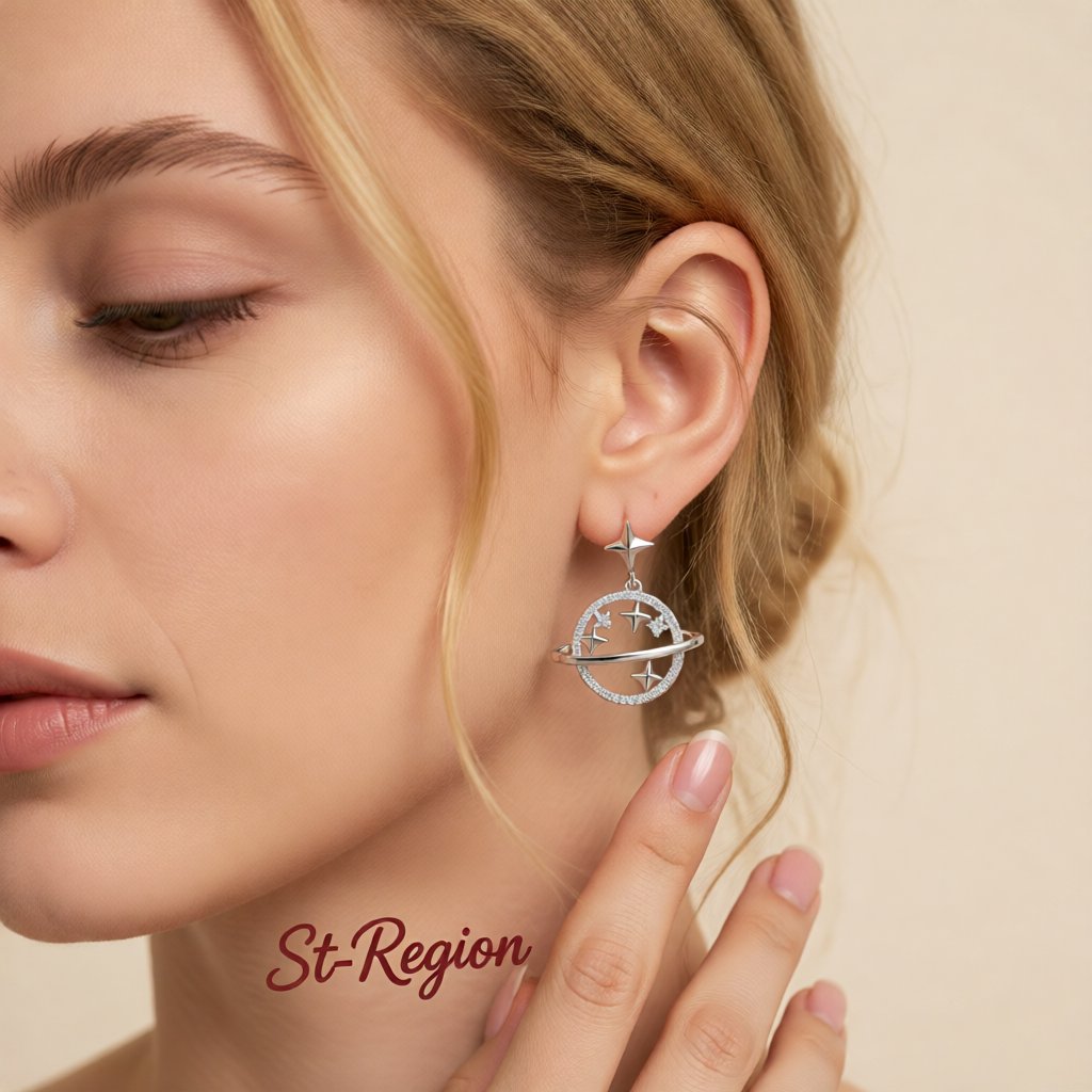 Cubic Zirconia and Silver-Plated Planet Drop Earrings, silver drop earrings for women, dainty minimalist design, styled look