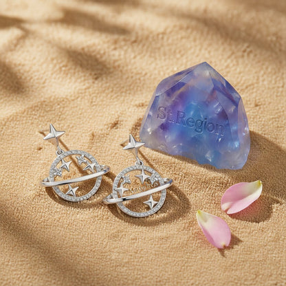 Cubic Zirconia and Silver-Plated Planet Drop Earrings, silver drop earrings for women, detail close-up