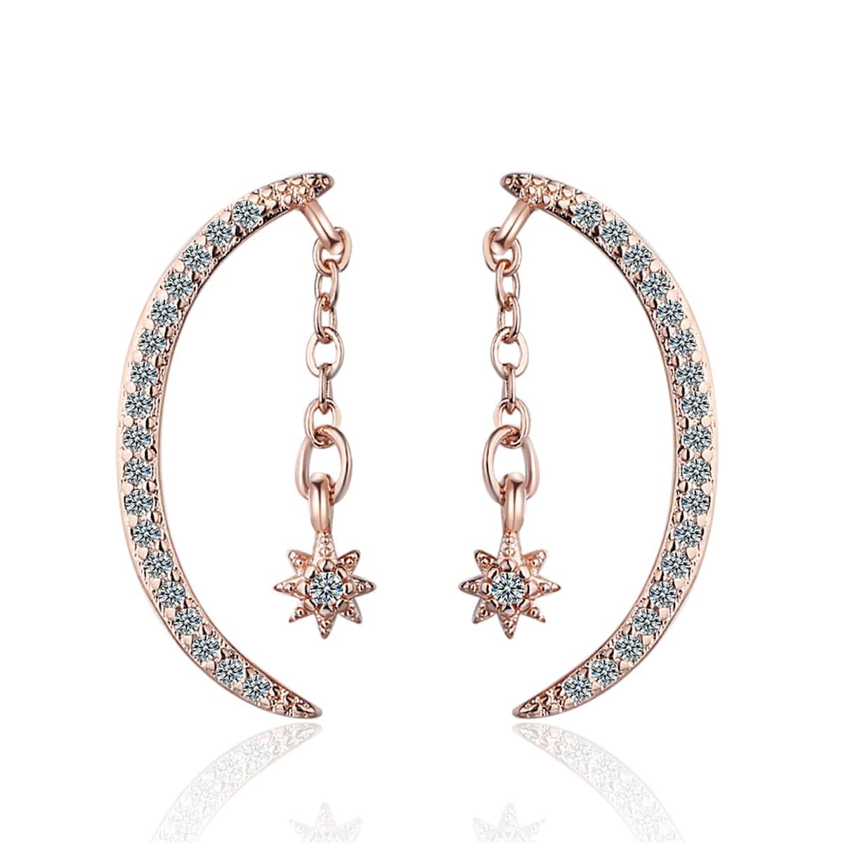 Cubic Zirconia and 18K Rose Gold-Plated Moon and Star Drop Earrings, rose gold drop earrings for women, side view