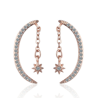 Cubic Zirconia and 18K Rose Gold-Plated Moon and Star Drop Earrings, rose gold drop earrings for women, side view