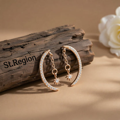 Cubic Zirconia and 18K Rose Gold-Plated Moon and Star Drop Earrings, rose gold drop earrings for women, front view