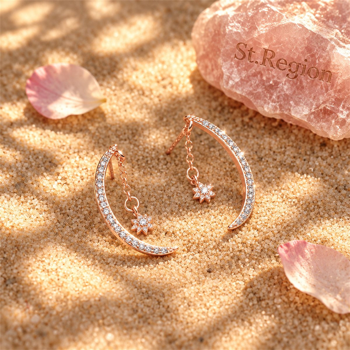 Cubic Zirconia and 18K Rose Gold-Plated Moon and Star Drop Earrings, rose gold drop earrings for women, detail close-up