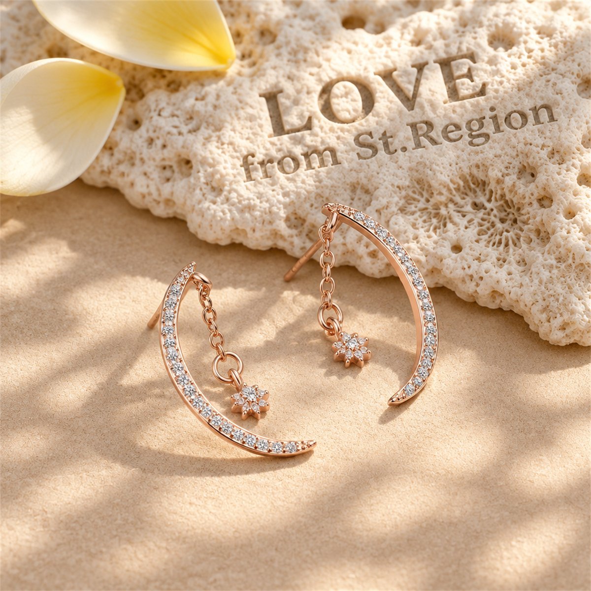 Cubic Zirconia and 18K Rose Gold-Plated Moon and Star Drop Earrings, rose gold drop earrings for women, lifestyle look