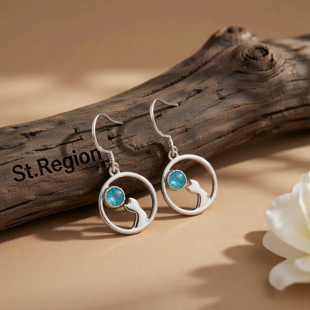 Moonstone and Silver-Plated Cat Drop Earrings, silver drop earrings for women, everyday style, front view