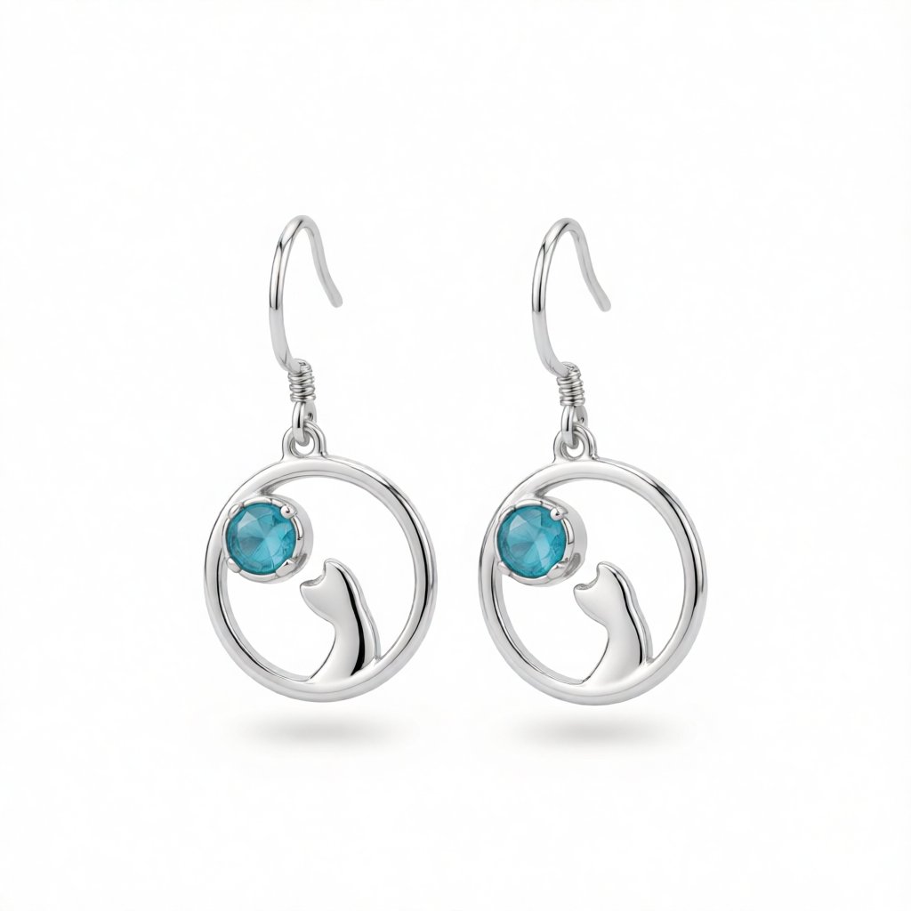 Moonstone and Silver-Plated Cat Drop Earrings, silver drop earrings for women, everyday style, side view