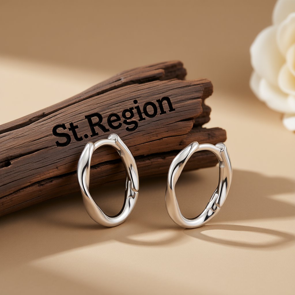 Silver-Plated Wave Huggie Earring, silver huggie earrings, botanical inspired, front view