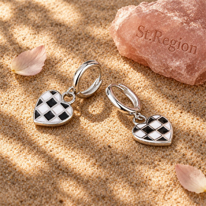 Black and White Checkerboard Heart Drop Earrings, huggie earrings, everyday style, detail close-up
