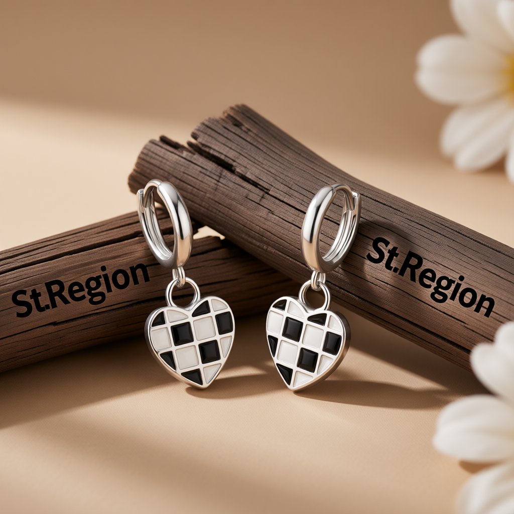 Black and White Checkerboard Heart Drop Earrings, huggie earrings, everyday style, front view