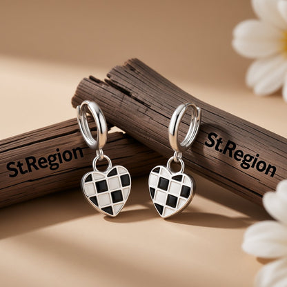 Black and White Checkerboard Heart Drop Earrings, huggie earrings, everyday style, front view