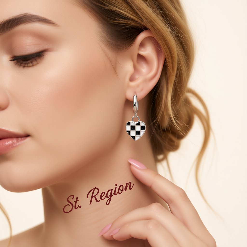 Black and White Checkerboard Heart Drop Earrings, huggie earrings, everyday style, styled look