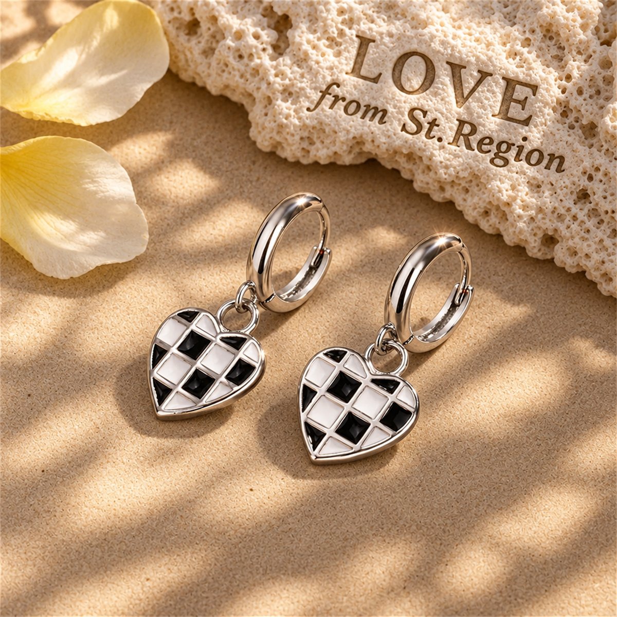 Black and White Checkerboard Heart Drop Earrings, huggie earrings, everyday style, lifestyle look