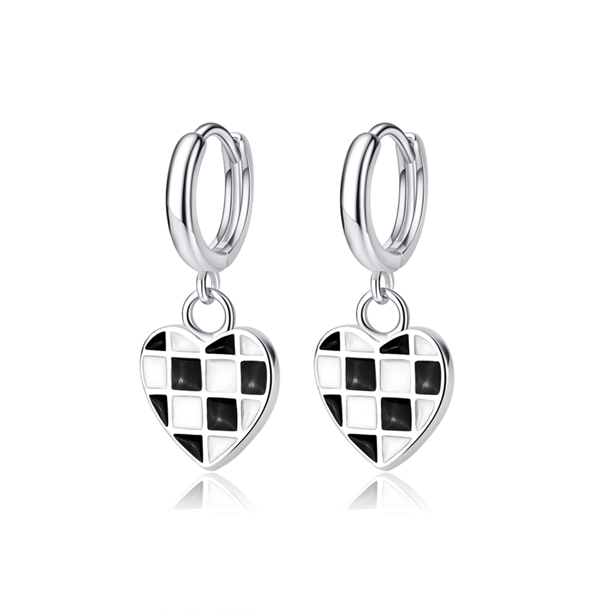 Black and White Checkerboard Heart Drop Earrings, huggie earrings, everyday style, side view