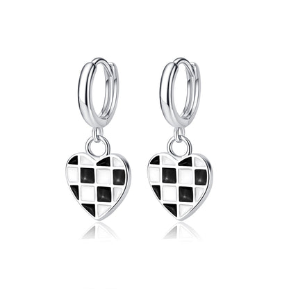 Black and White Checkerboard Heart Drop Earrings, huggie earrings, everyday style, side view