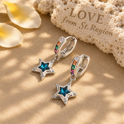 Blue Crystal and Cubic Zirconia Star Huggie Earrings, huggie earrings, botanical inspired, lifestyle look