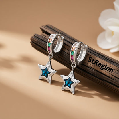 Blue Crystal and Cubic Zirconia Star Huggie Earrings, huggie earrings, botanical inspired, front view