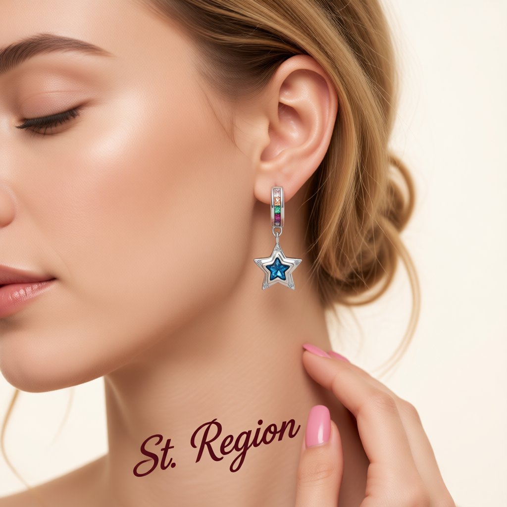 Blue Crystal and Cubic Zirconia Star Huggie Earrings, huggie earrings, botanical inspired, styled look