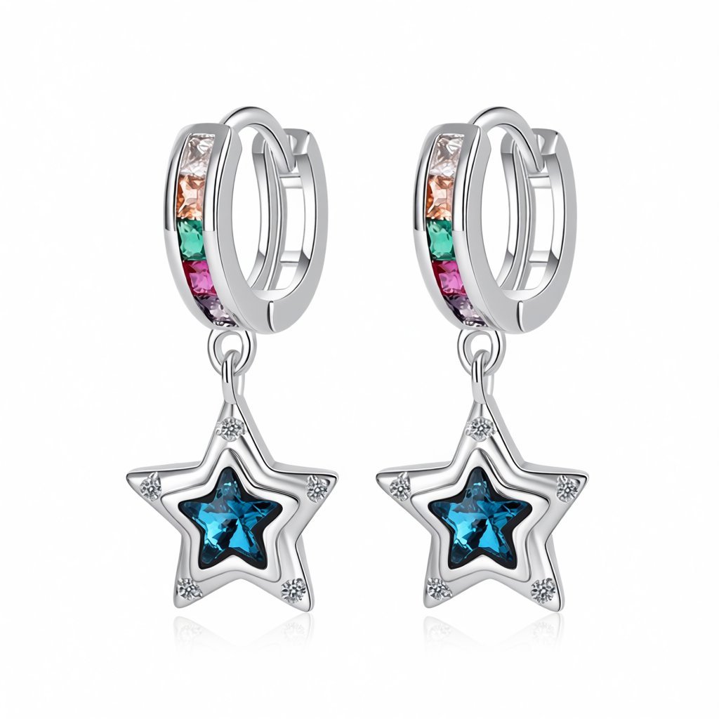 Blue Crystal and Cubic Zirconia Star Huggie Earrings, huggie earrings, botanical inspired, side view