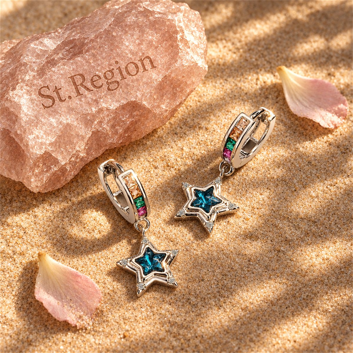 Blue Crystal and Cubic Zirconia Star Huggie Earrings, huggie earrings, botanical inspired, detail close-up