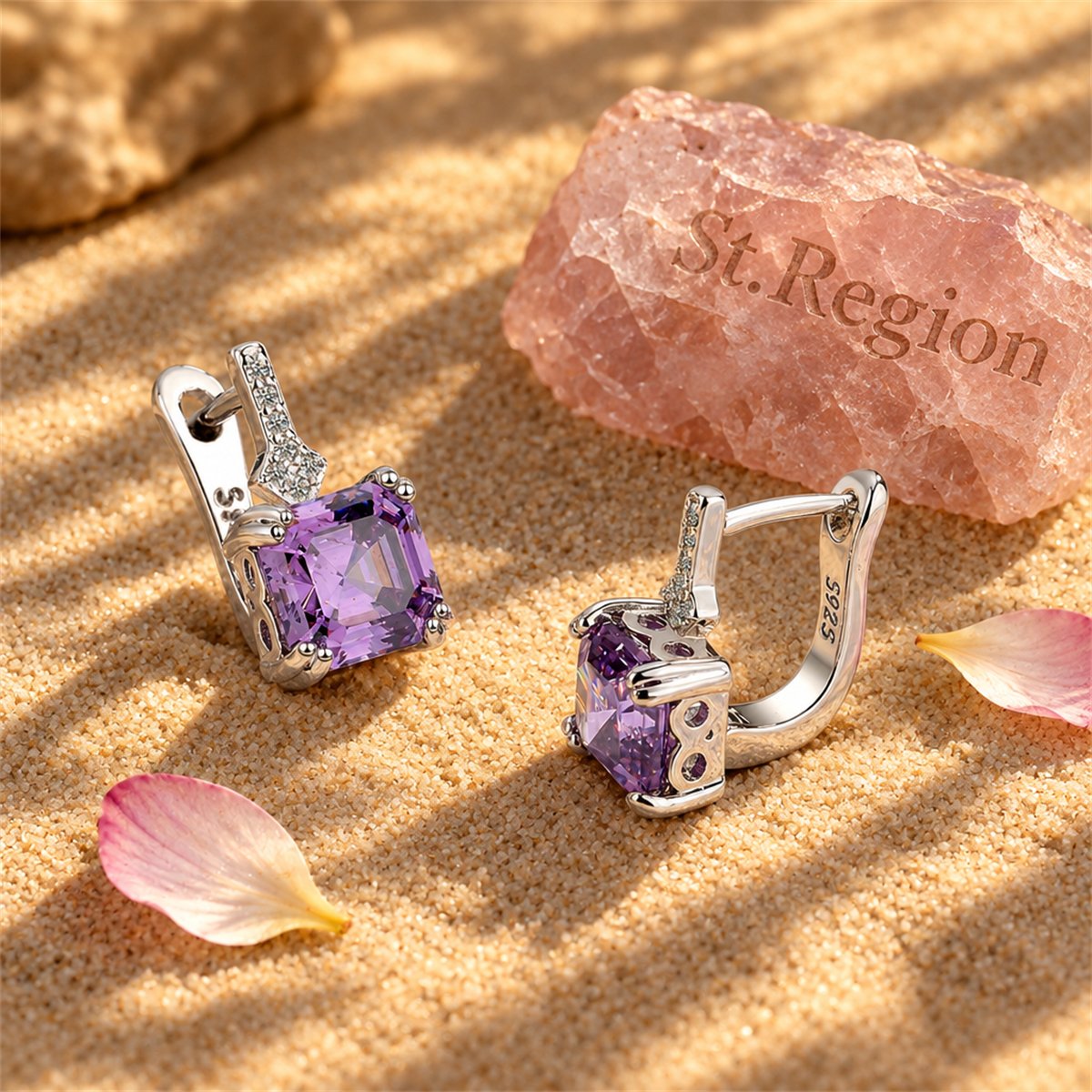 Purple Crystal and Cubic Zirconia Princess-Cut Huggie Earrings, huggie earrings, elegant gift for her, detail close-up