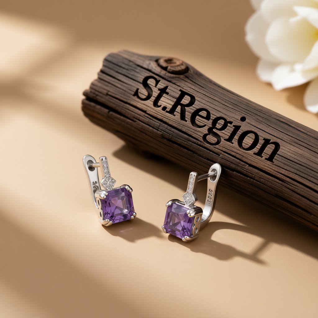 Purple Crystal and Cubic Zirconia Princess-Cut Huggie Earrings, huggie earrings, elegant gift for her, front view