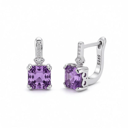 Purple Crystal and Cubic Zirconia Princess-Cut Huggie Earrings, huggie earrings, elegant gift for her, side view