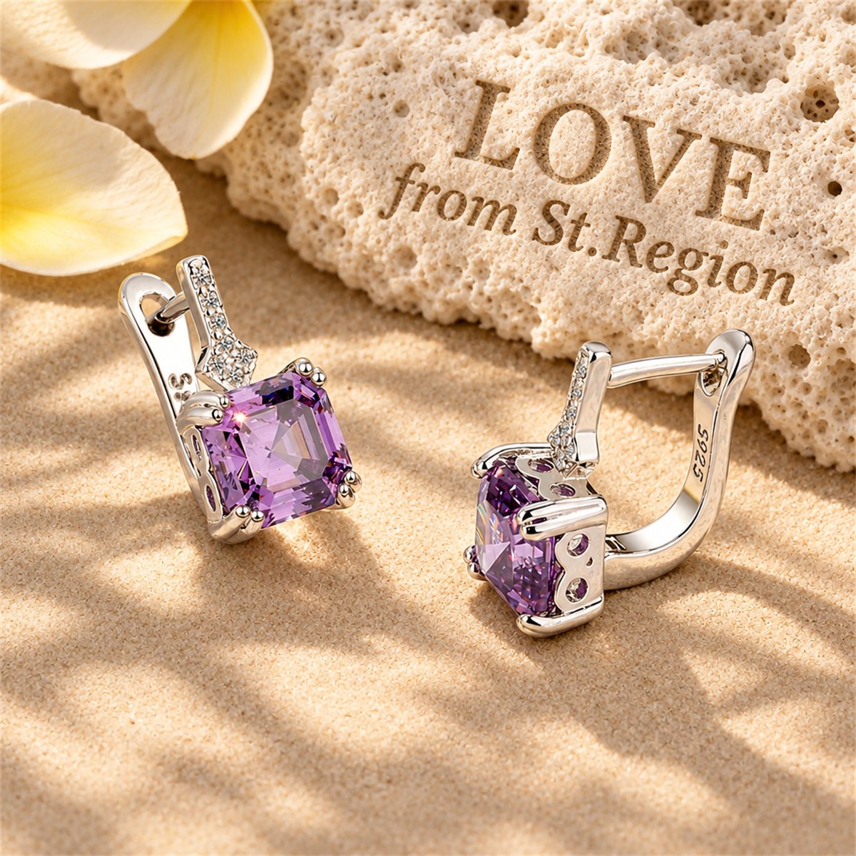 Purple Crystal and Cubic Zirconia Princess-Cut Huggie Earrings, huggie earrings, elegant gift for her, lifestyle look