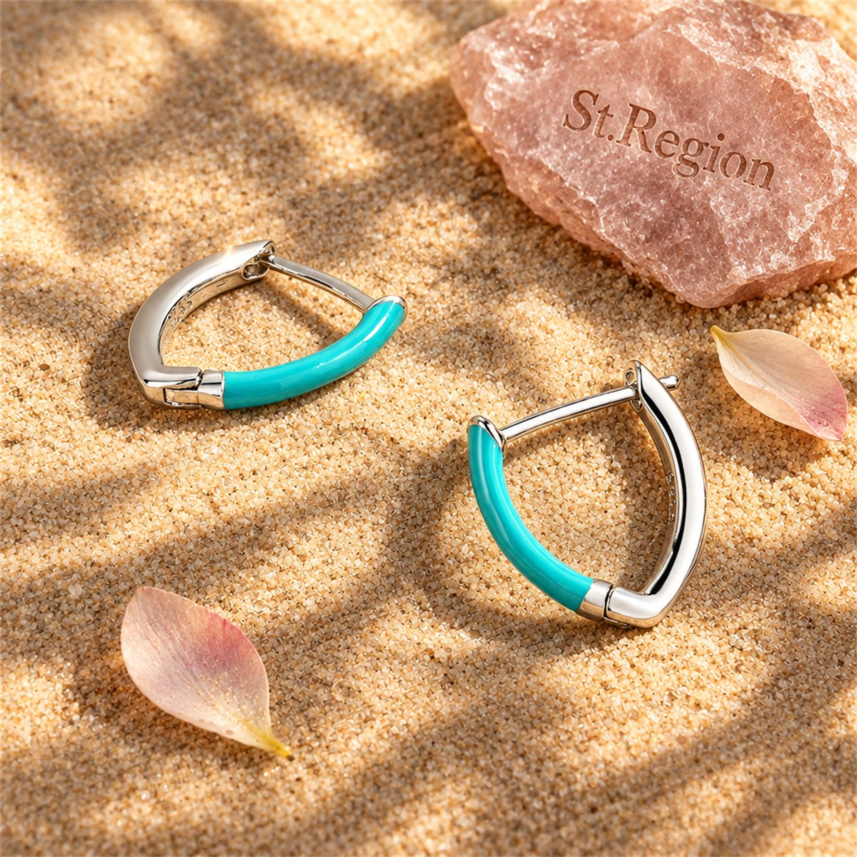 Green Enamel and Silver-Plated Triangle Huggie Earrings, silver huggie earrings, everyday style, detail close-up