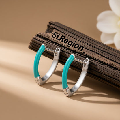 Green Enamel and Silver-Plated Triangle Huggie Earrings, silver huggie earrings, everyday style, front view