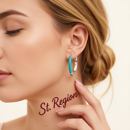 Green Enamel and Silver-Plated Triangle Huggie Earrings, silver huggie earrings, everyday style, styled look