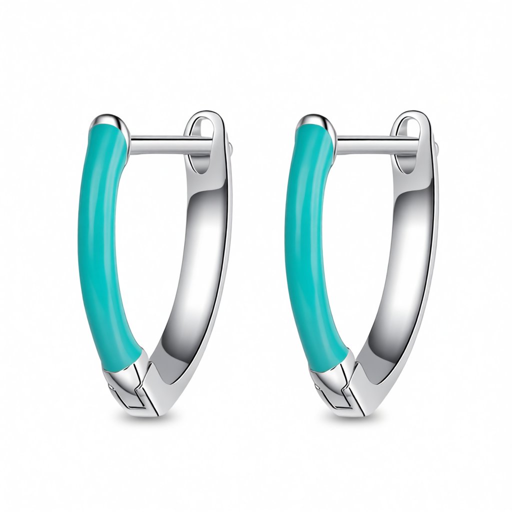 Green Enamel and Silver-Plated Triangle Huggie Earrings, silver huggie earrings, everyday style, side view