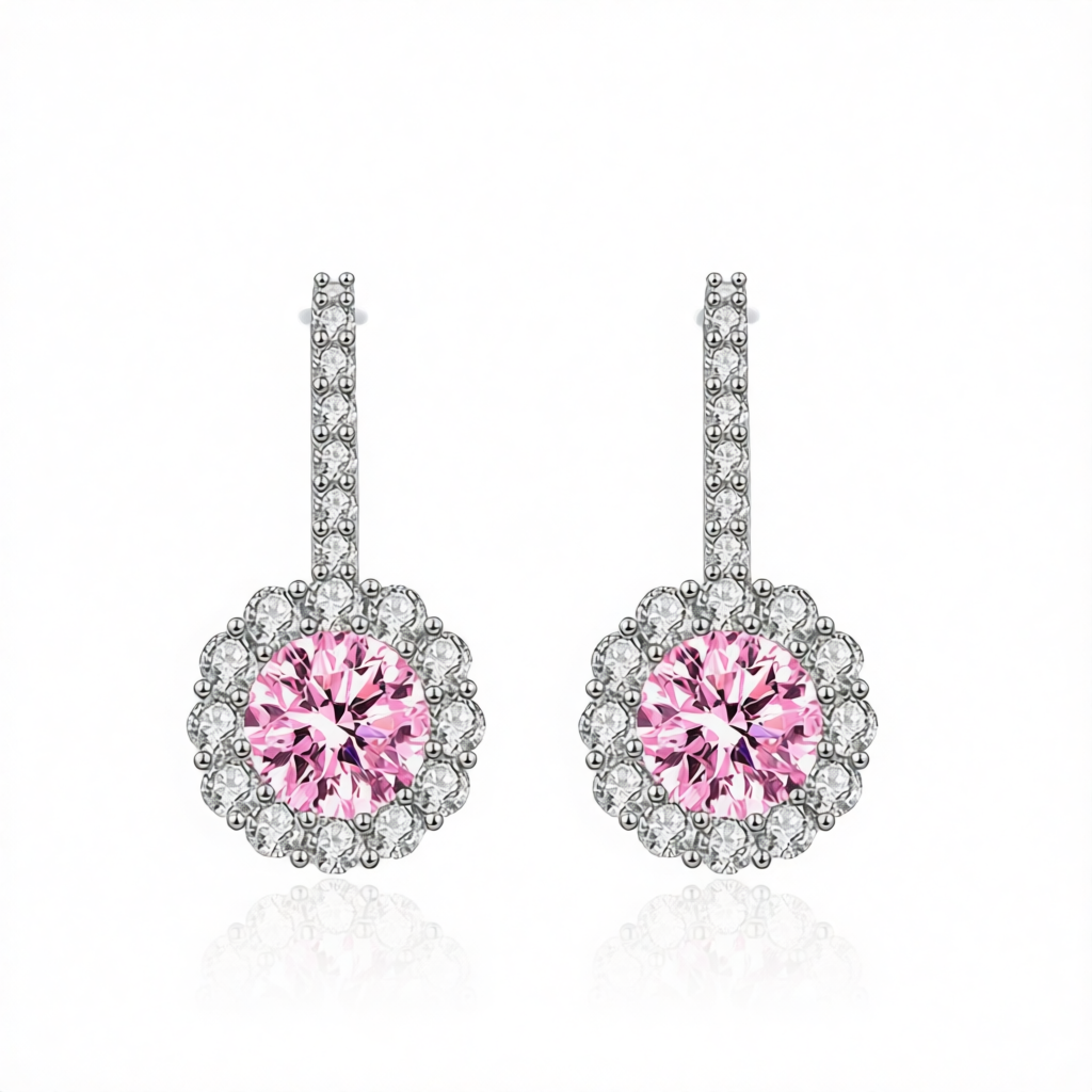 Pink Crystal & Cubic Zirconia Silvertone Round Dangle Earrings