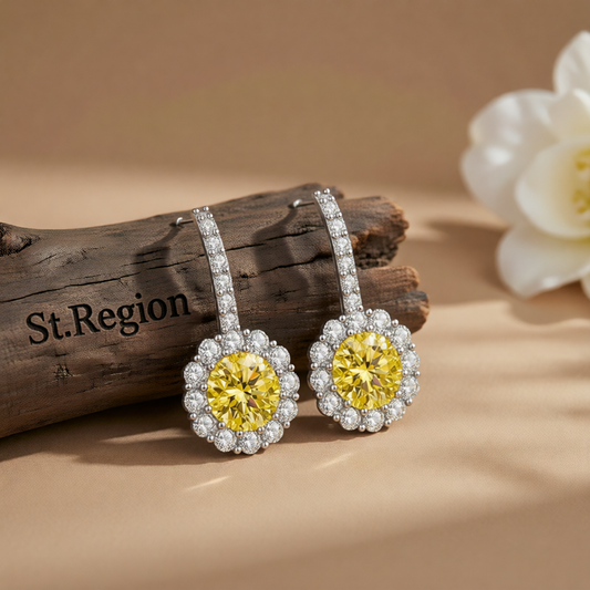 Yellow Crystal & Cubic Zirconia Silvertone Round Dangle Earrings